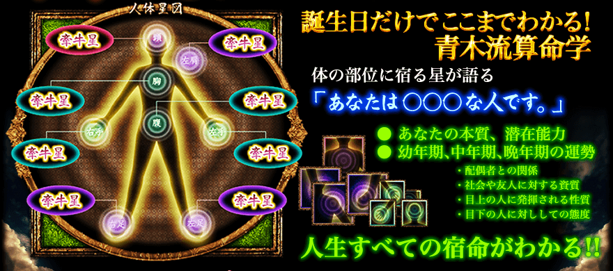 誕生日だけでここまでわかる！青木流算命学　体の部位に宿る星が語る「あなたは○○○な人です。」●あなたの本質、潜在能力●幼年期、中年期、晩年期の運勢・配偶者との関係・社会や友人に対する資質・目上の人に発揮される性質・目下の人に対ししての態度　人生すべての宿命がわかる!!